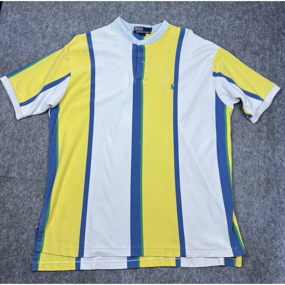 Vtg Polo Ralph Lauren Men's Henley Shirt Blue Yellow Stripe Short Sleeve Size XL